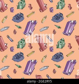 Seamless pattern with hand drawn colorful crystals and pendants on pink background. Stock Vector