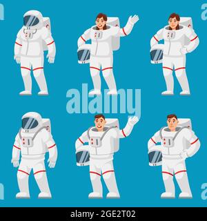 Set of astronauts in different poses. Male and female persons in cartoon style. Stock Vector