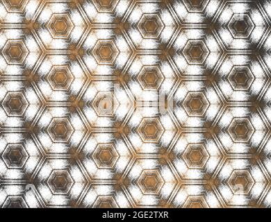 Geometric abstract dark gray, white, metallic copper texture kaleidoscopic hexagonal pattern. Ornament design for background, wallpaper, banner, collage, poster, packaging, wrapping paper, cover. Stock Vector