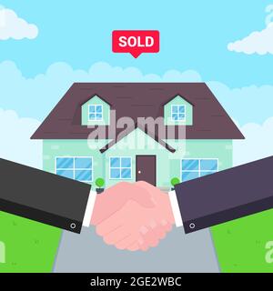 Buying new house on sale. Two hands shaking, big deal agreement flat style vector illustration. Stock Vector