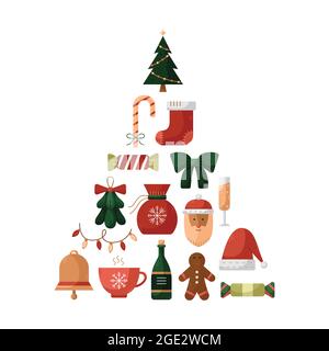 Vector illustration with Christmas icons in a Christmas tree shape. New Year illustrations Stock Vector