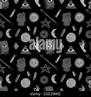Seamless pattern with hand drawn doodle line art celestial bodies and magic items. Monochrome Spiritual mystic repeat texture Stock Vector