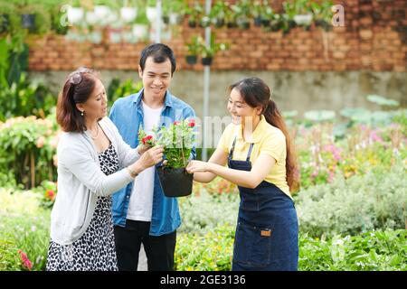 Pretty smiling gardening center worker helping customer to find flowers for backyard Stock Photo