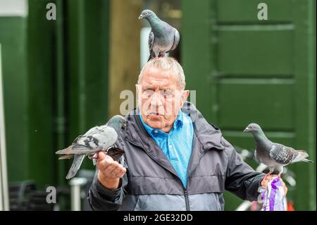 Cork, Ireland. 16th Aug, 2021. Frank O'Flaherty from Gurranabraher was feeding the pigeons in Daunts Square, Cork City Centre. Credit: AG News/Alamy Live News Stock Photo