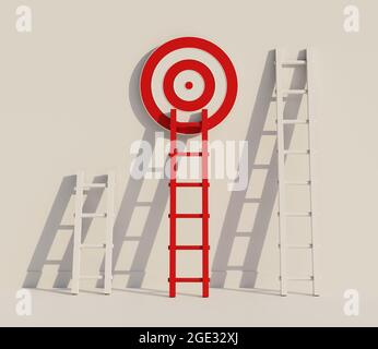 A red ladder reaching one dartboard on wall. Concept of reaching target or goal. 3D rendering illustration. Stock Photo