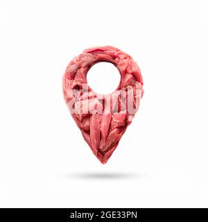 geoposition pointer made of fresh natural meat, isolate on a white background. the location of the butcher shop on the ground. butcher's shop, slaught Stock Photo