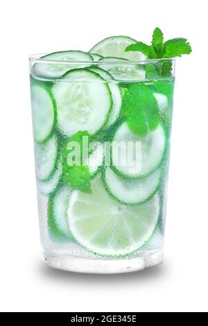 Glass with fresh organic detox cucumber water with lime and lemon. Stock Photo
