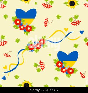 Seamless pattern with Ukrainian symbols. Yellow-blue heart with poppies and cornflowers, floral wreath with ribbons on yellow background with sunflowe Stock Vector