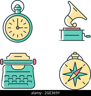 Old-fashioned items RGB color icons set Stock Vector