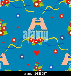 Seamless pattern. Ukrainian symbols. Hand gesture making a heart symbol with the text - I love Ukraine, floral wreath with yellow-blue ribbons on a bl Stock Vector