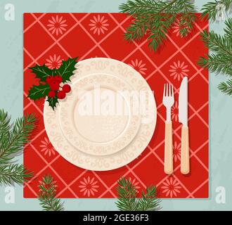 Plates on the Christmas table. Cutlery, napkin, decor from branches of a Christmas tree and berries. Vector, flat, cartoon. View from above Stock Vector
