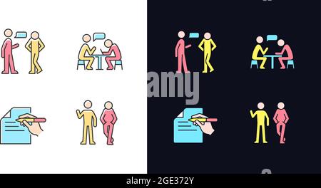 Understanding in communication light and dark theme RGB color icons set Stock Vector