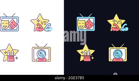 TV shows genres light and dark theme RGB color icons set Stock Vector