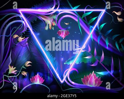 Realistic glowing leaves with purple neon frame. Bright lotus flowers, exotic illuminated plants and jungle tropical leaf with border of triangle shape. Design with dark background for invitation card Stock Vector
