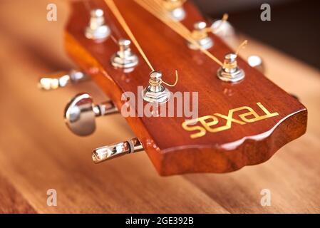 Buenos Aires, Argentina; July 18, 2021, Texas guitar headstock. Close-up horizontal image with selective focus. Stock Photo