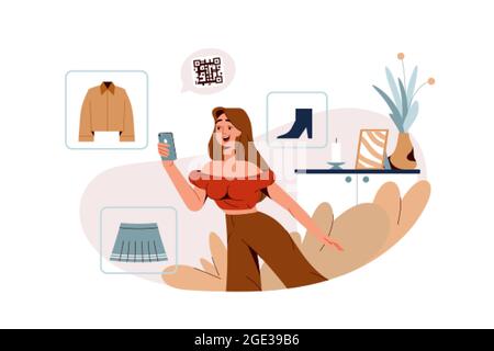 Flat happy girl scan qr code with phone screen. Customer character use mobile cashless payment system for buying clothes and shoes. Shopping with barcode reading app on mobile. Contactless pay concept Stock Vector