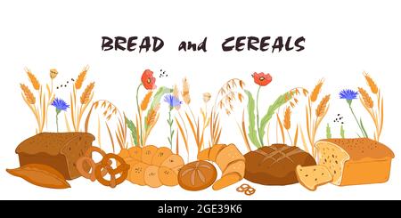 Hand drawn bread and cereals background. Bakery production against backdrop with natural wheat and oat cereals ears and field flowers, flat vector iso Stock Vector