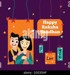 Label design of Raksha Bandhan. Brother and sister happily celebrate Raksha Bandhan. The label is decorated with colorful background Stock Vector