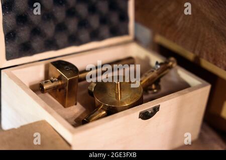 Close up os special tools used in lutier´s traditional workshop. Stock Photo