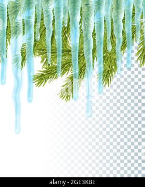 Realistic christmas background with icicles and pine tree, seamless border , vector illustration Stock Vector