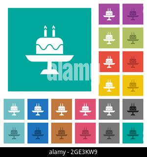 Birthday cake with candles multi colored flat icons on plain square backgrounds. Included white and darker icon variations for hover or active effects Stock Vector