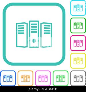 Server hosting outline vivid colored flat icons in curved borders on white background Stock Vector