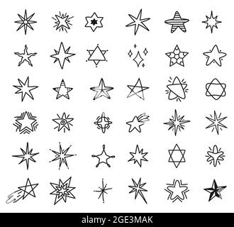 Hand drawn stars doodle, cute star sketch drawing. Shooting stars and shining sparkles line scribble elements for fabric pattern vector set. Starry celestial elements isolated on white Stock Vector