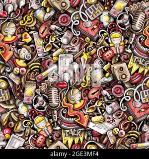 Cartoon doodles Audio content seamless pattern. Stock Vector