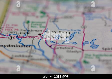 Spruce Lake Saskatchewan Canada Shown on a road map or Geography map Stock Photo