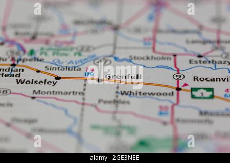 Grenfell Saskatchewan Canada Shown on a road map or Geography map Stock Photo