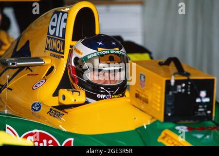 Michael Schumacher in the cockpit of the Benetton B193 during the Formula 1 Grand Prix at the Hockenheimring on July 25, 1993. Stock Photo