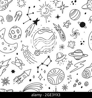 Hand drawn space doodles, universe, planets and stars sketches. Cute rocket, alien, comet, moon. Galaxy scribbles vector seamless pattern. Flying meteorites and cosmic objects in sky Stock Vector