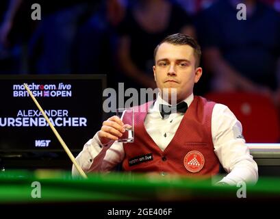 Leicester, UK. 16th August 2021; Morningside Arena, Leicester, England; British Open Snooker Championship; Alexander Ursenbacher in his match with John Higgins Credit: Action Plus Sports Images/Alamy Live News Stock Photo