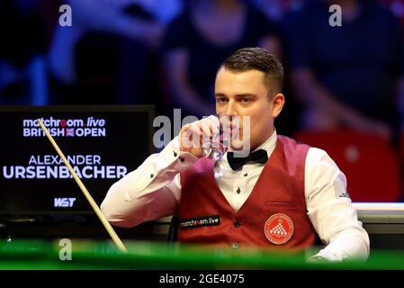 Leicester, UK. 16th August 2021; Morningside Arena, Leicester, England; British Open Snooker Championship; Alexander Ursenbacher in his match with John Higgins Credit: Action Plus Sports Images/Alamy Live News Stock Photo