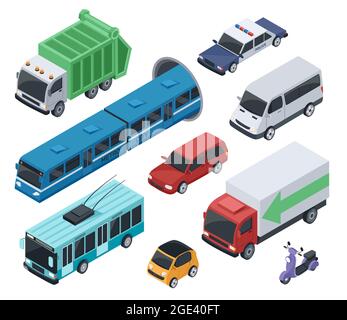Isometric 3d public transport and city vehicle car, truck. Urban transportation van, subway train, police car. Cars and vehicles vector set. Municipal and private vehicles for driving Stock Vector