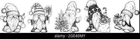 Set of hand drawn cute Christmas gnomes. Vector illustration in sketch style Stock Vector