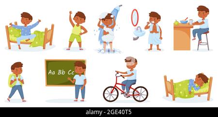 Cartoon little boy daily routine morning and evening activities. Happy child waking up, exercising, studying. Kids everyday lifestyle vector set. Male character riding bicycle, learning at school Stock Vector