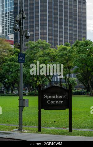 Speakers' Corner sign at Singapore's Hong Lim  next to multiple surveillance cameras Stock Photo