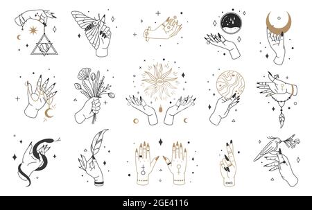 Set of female hands. Witch magic and occult collection. Different vector  hand gestures with sword, stars and crystal. Abstract logo for tarot cards  Stock Vector Image & Art - Alamy