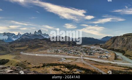 Aerial view of the town, El Chalten, located in the province of Santa Cruz, Argentina. Stock Photo