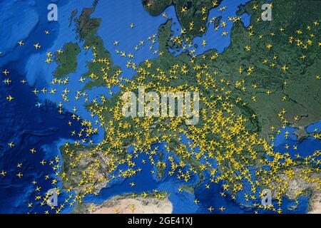 map of air traffic over the skies of Europe Stock Photo
