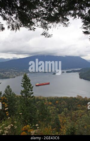 Beautiful view of a ship on the lake in the Burnaby Mountain Conservation Area, Burnaby, Canada Stock Photo
