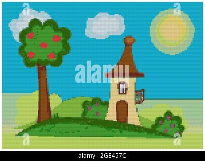 Cute magical log house in a wonderful forest. Summer forest. Cartoon house and sunlight. Illustration of cross stitch embroidery. Imitation of knitted Stock Photo