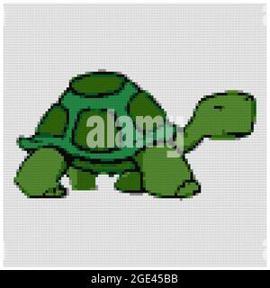 Cartoon Smiling Green Turtle. Illustration of cross stitch embroidery. Imitation of knitted canvas structure. Fabric decor, beautiful cross-stitch, ha Stock Photo