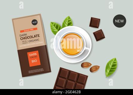 Vector 3d realistic chocolate pieces. Brown delicious bar in torn foil ...
