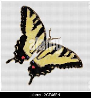 Colorful Butterfly. Beautiful fly. Illustration of cross stitch embroidery. Imitation of knitted canvas structure. Fabric decor, beautiful cross-stitc Stock Photo