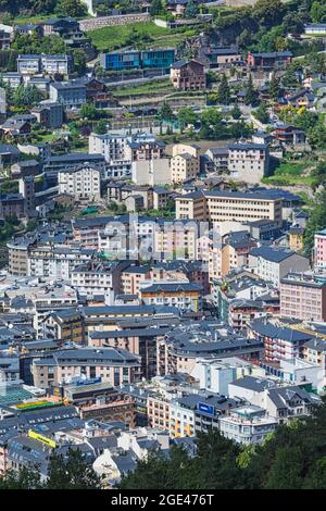 Andorra la Vella, Principality of Andorra.  High view down to Les Escaldes, part of the town centre. Stock Photo