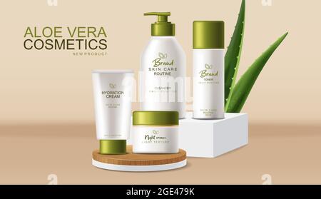 Aloe Vera cosmetics Vector realistic. Cream product placement mock up bottles. Packaging design label lotion Stock Vector