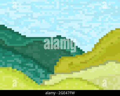 Pixel landscape with green meadows and hills. Retro 8-bit video game of the 90s in 2D. Pixel art design for games, apps, banners and posters. Vector i Stock Vector