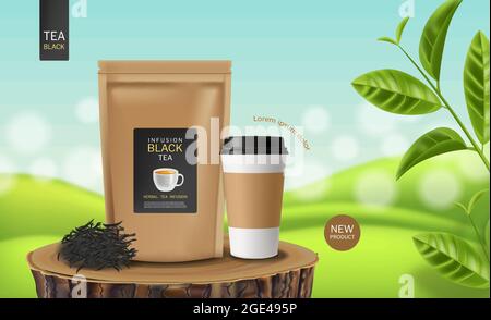 Black tea bag vector realistic. Product placement mock up. 3d detailed illustration. Tea leaves background Stock Vector